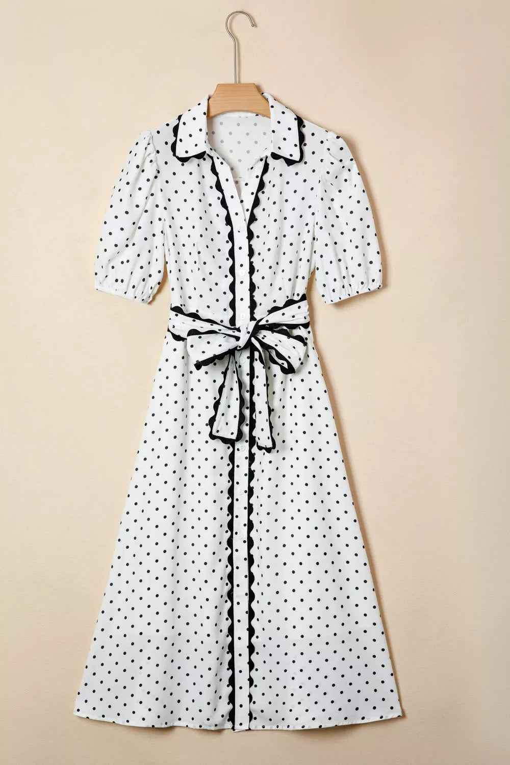 Cedar & Moore Polka Dot Half Sleeve Midi Dress, white with black dots, belted waist, button-down front