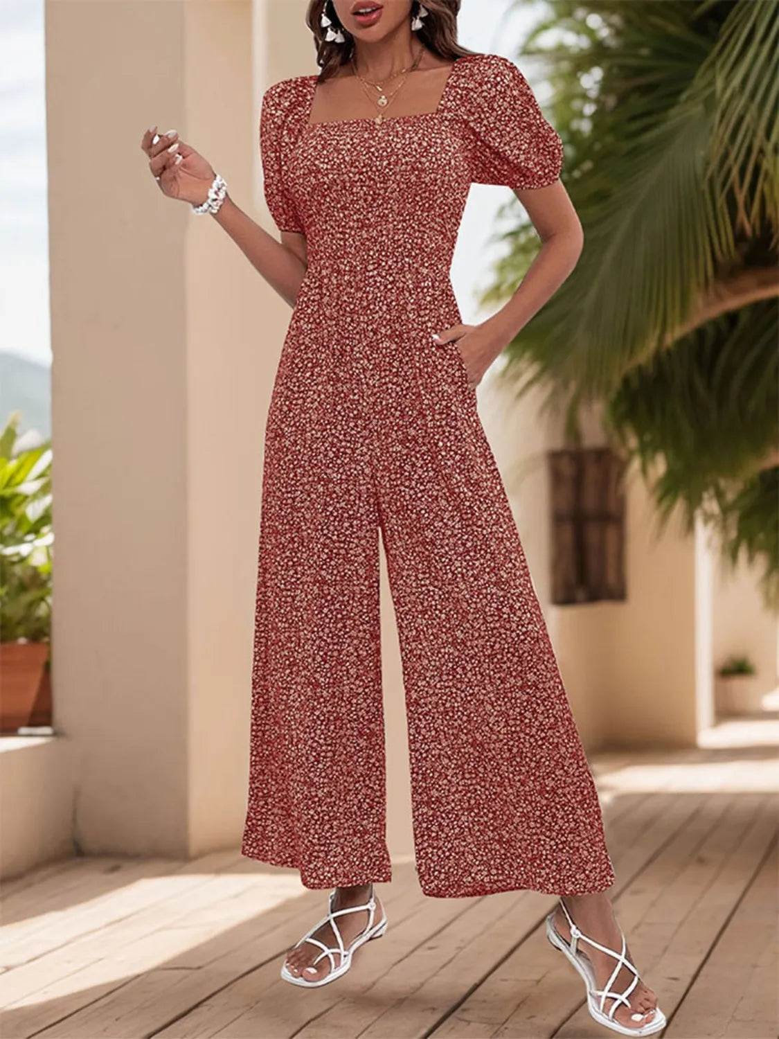 Maroon printed square-neck puff sleeve wide-leg jumpsuit, front view