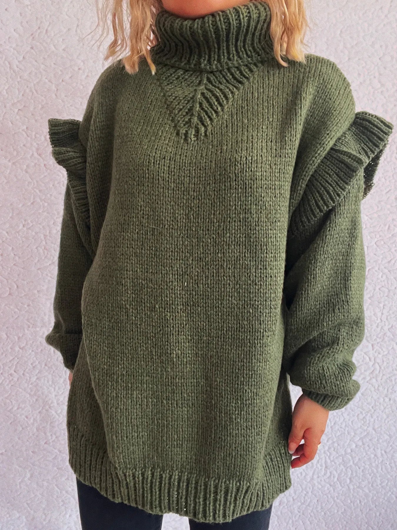 Ruffled turtleneck knit sweater, dark green, long sleeves with shoulder ruffles