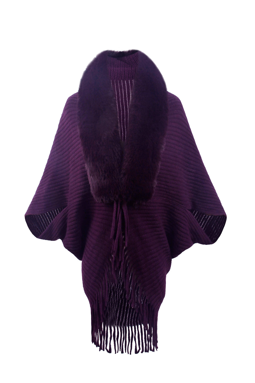 Long-sleeve ribbed poncho with fringe trim, violet, front view