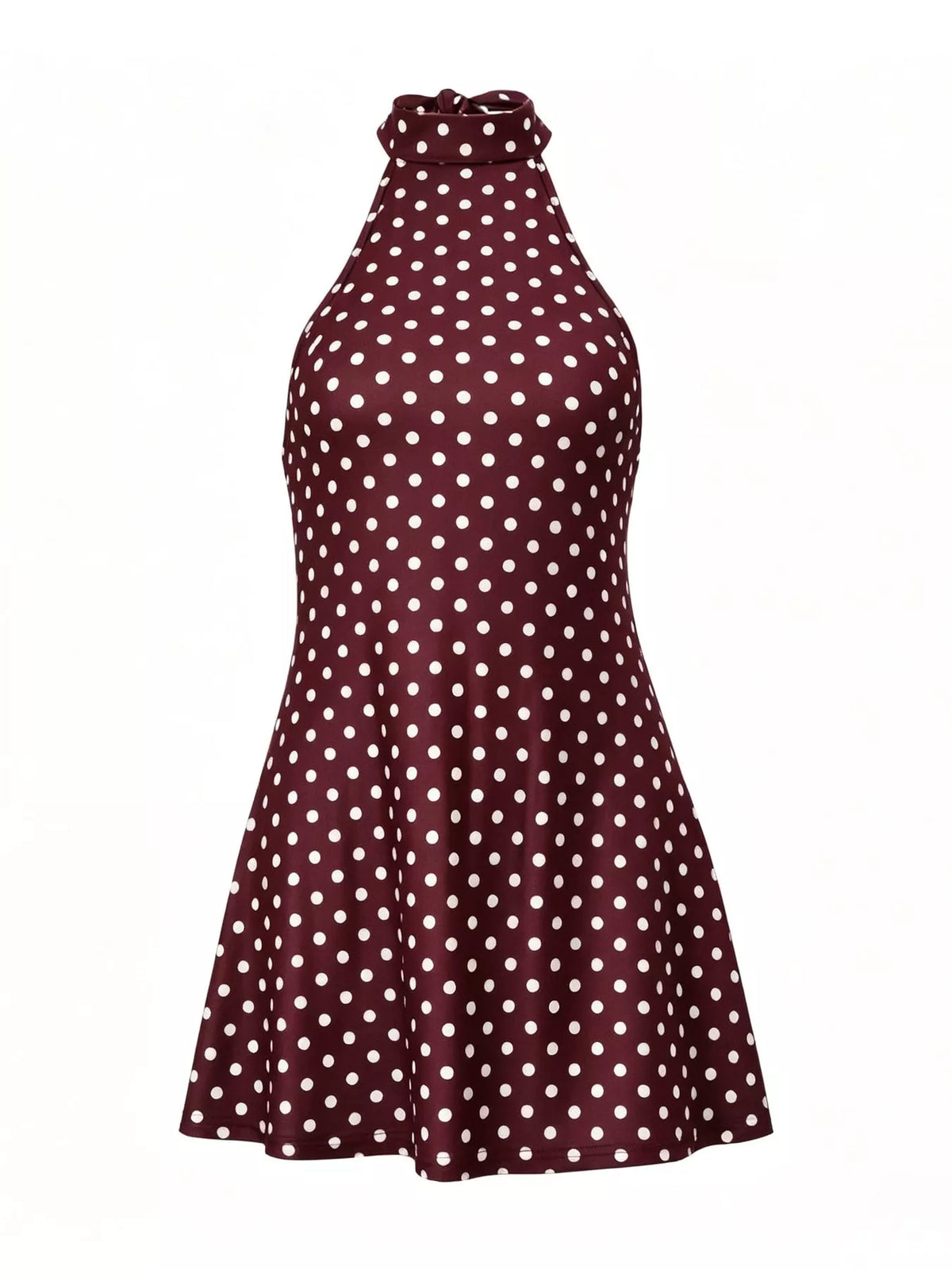 Wine polka-dot halter mini dress with fitted bodice and flared skirt