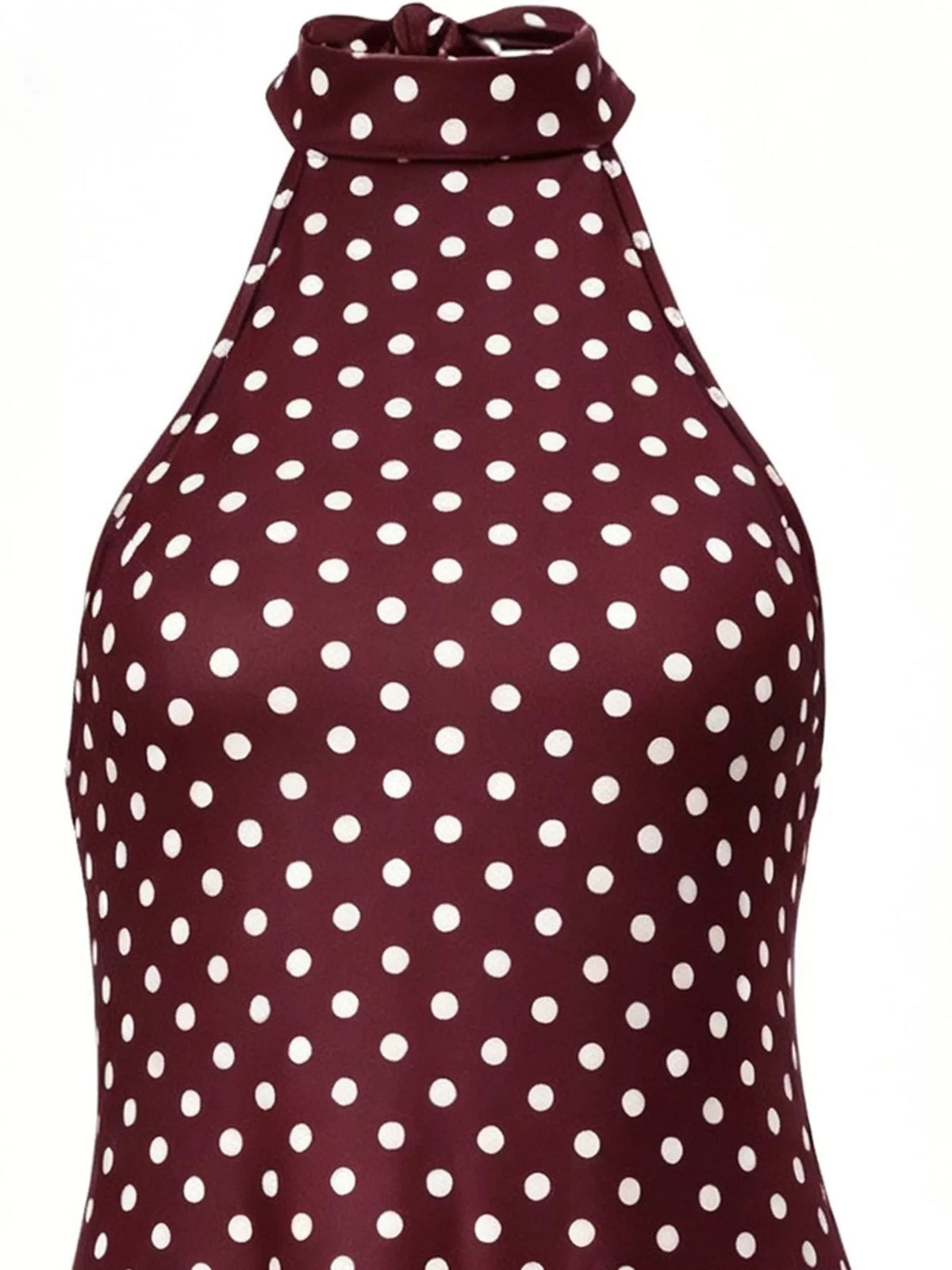 Wine polka-dot halter mini dress front view with high neck and sleeveless fit