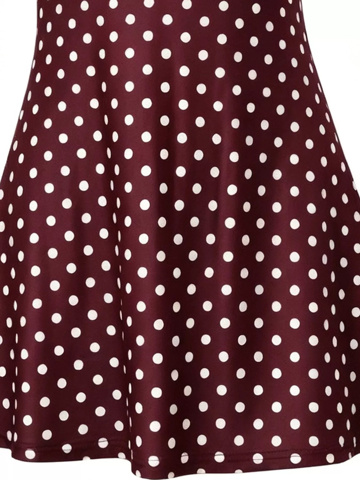 Wine polka-dot mini dress with gathered waist and flared skirt silhouette