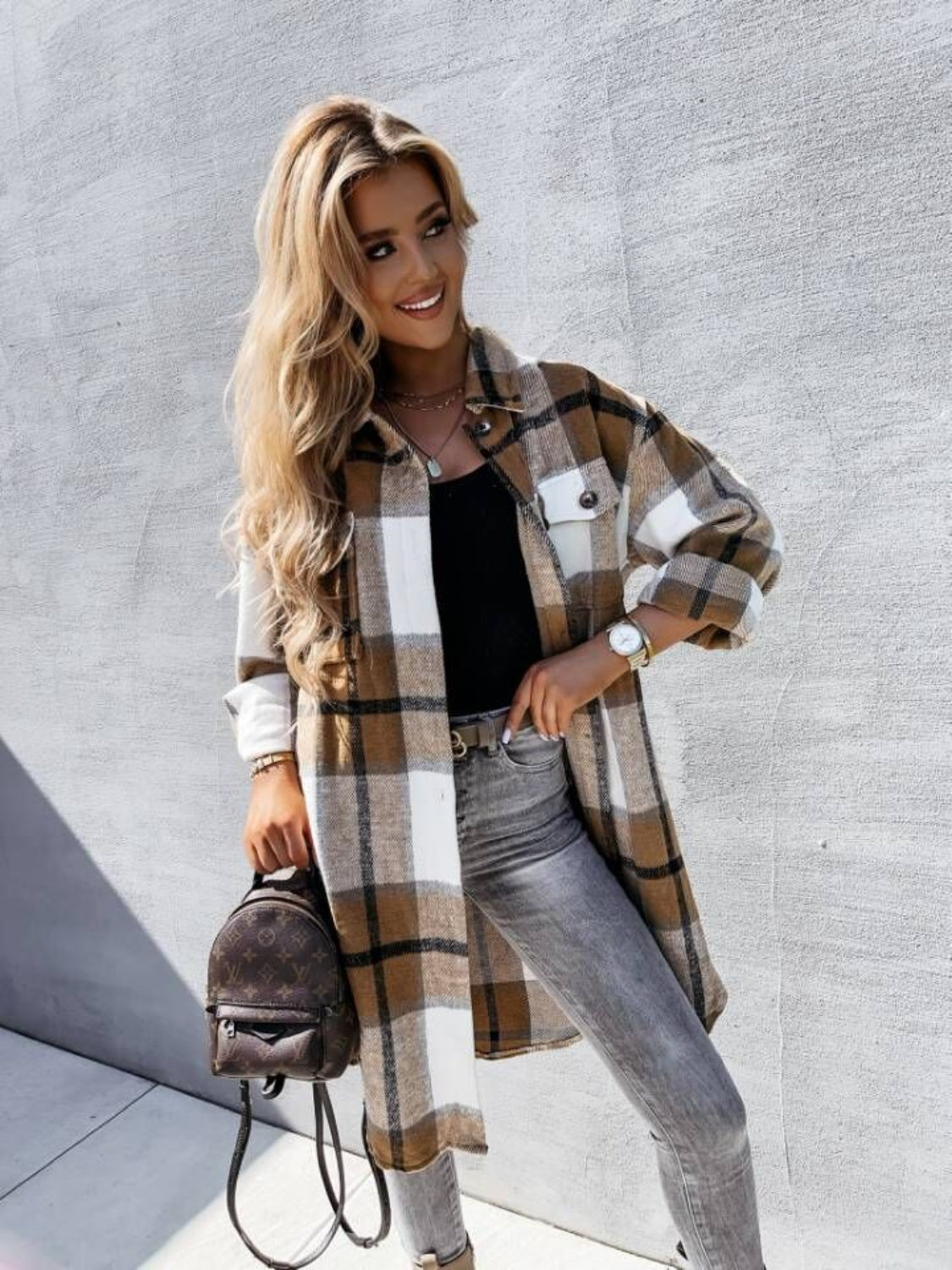 Plaid longline collared shirt in brown and cream with black checks, button-front, long sleeves