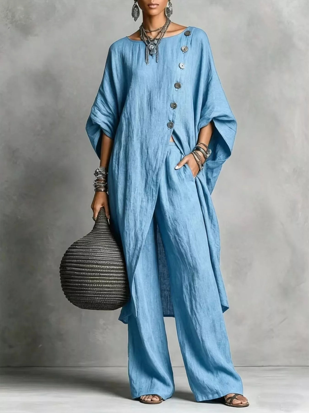 Blue two-piece button-front tunic and wide-leg pants set, 3/4 sleeves
