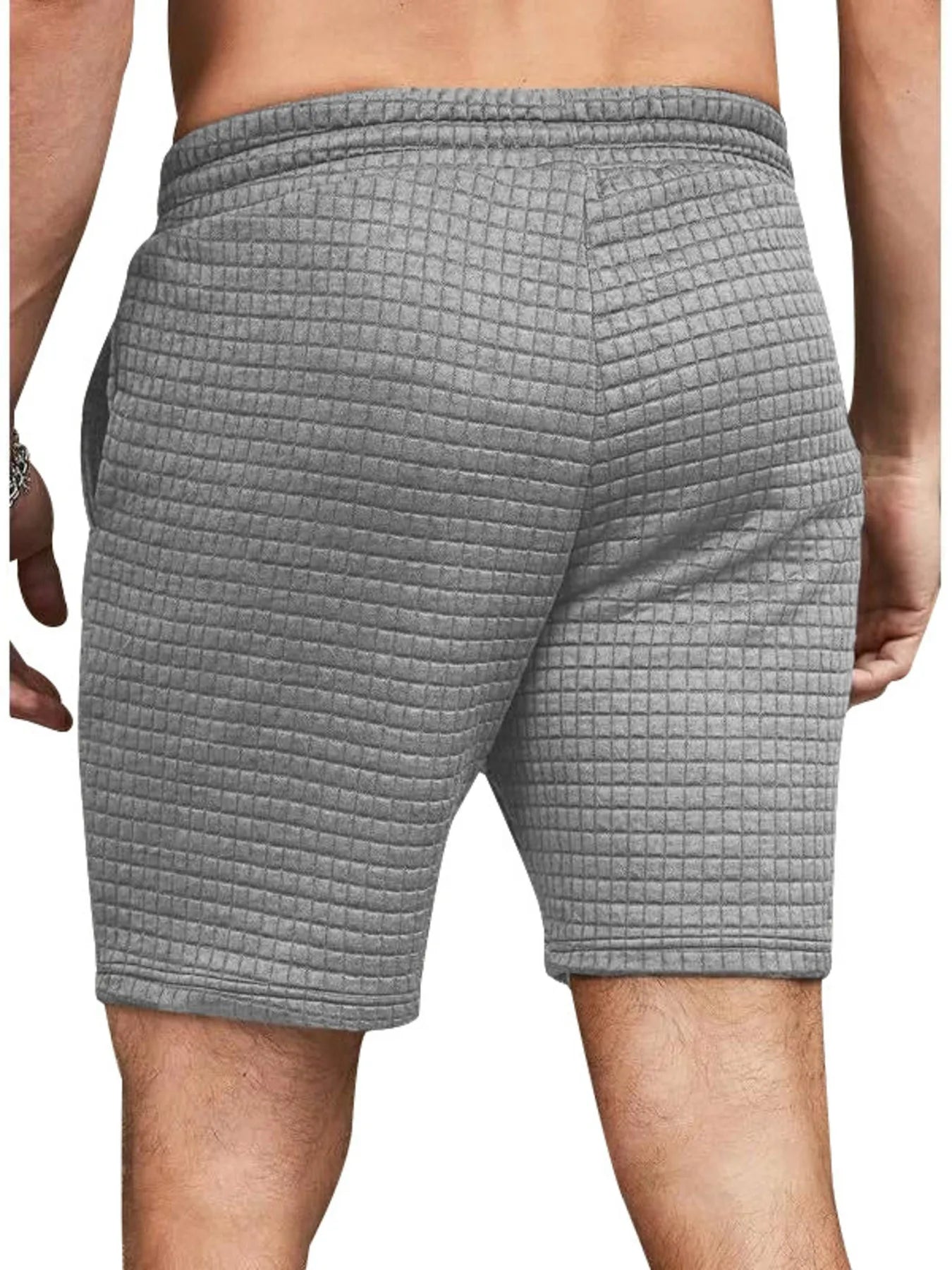 Gray drawstring shorts with elastic waistband, textured knit, and back view