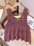 Openwork scoop-neck tank in mauve crochet on hanger with wide straps and scalloped hem