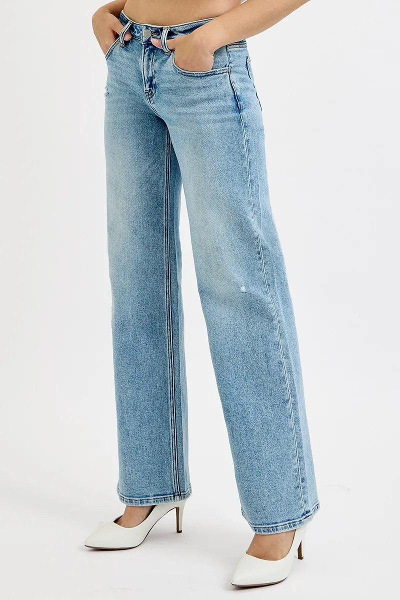 Medium-wash low-rise boyfriend jeans with front detail, ankle length cuffed hem