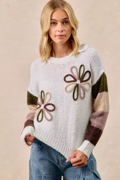 Ivory flower color block sweater with three embroidered flower motifs, crew neck