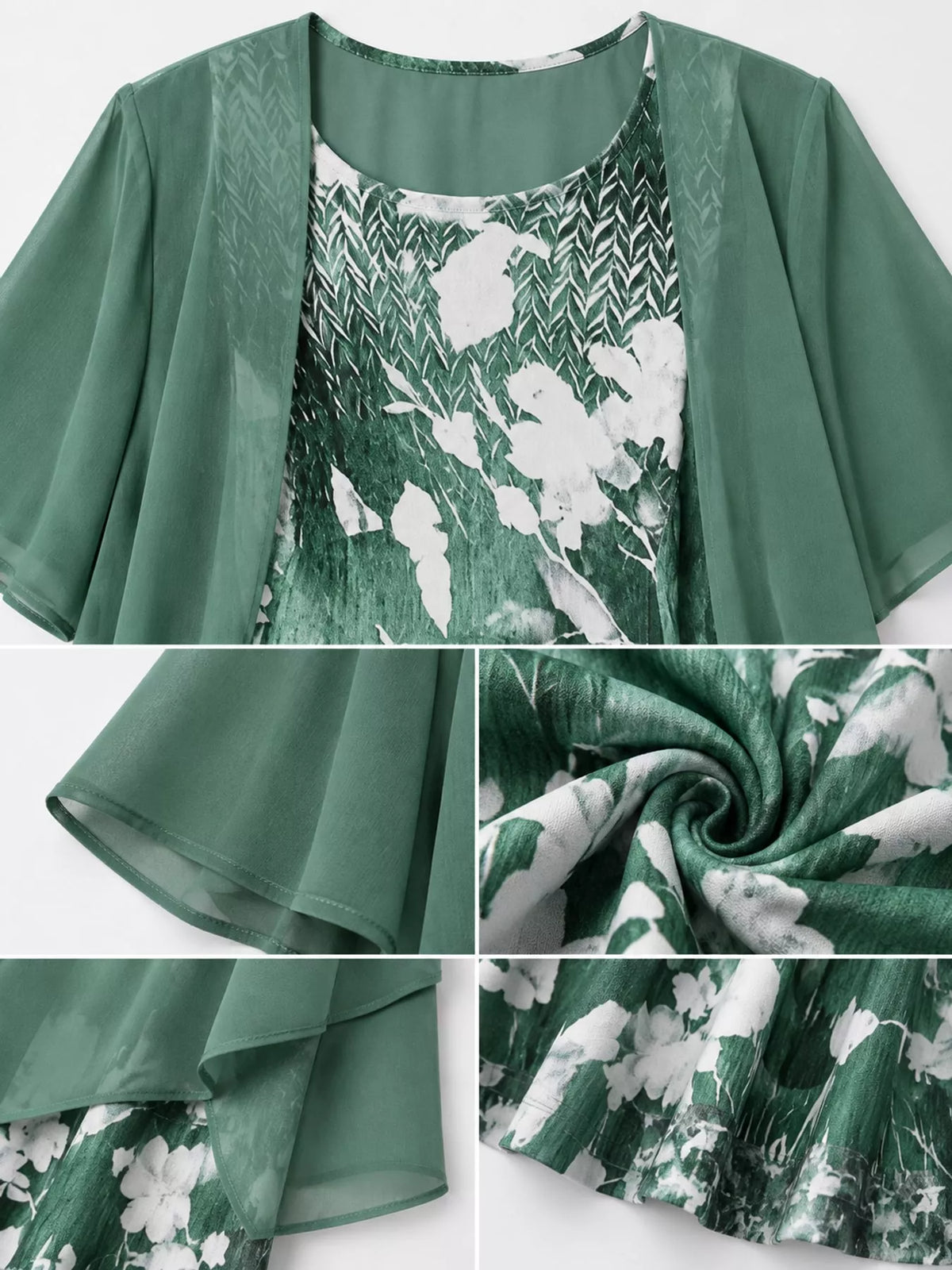 Green floral print dress with sheer chiffon cardigan; close-up of layered neckline and hem