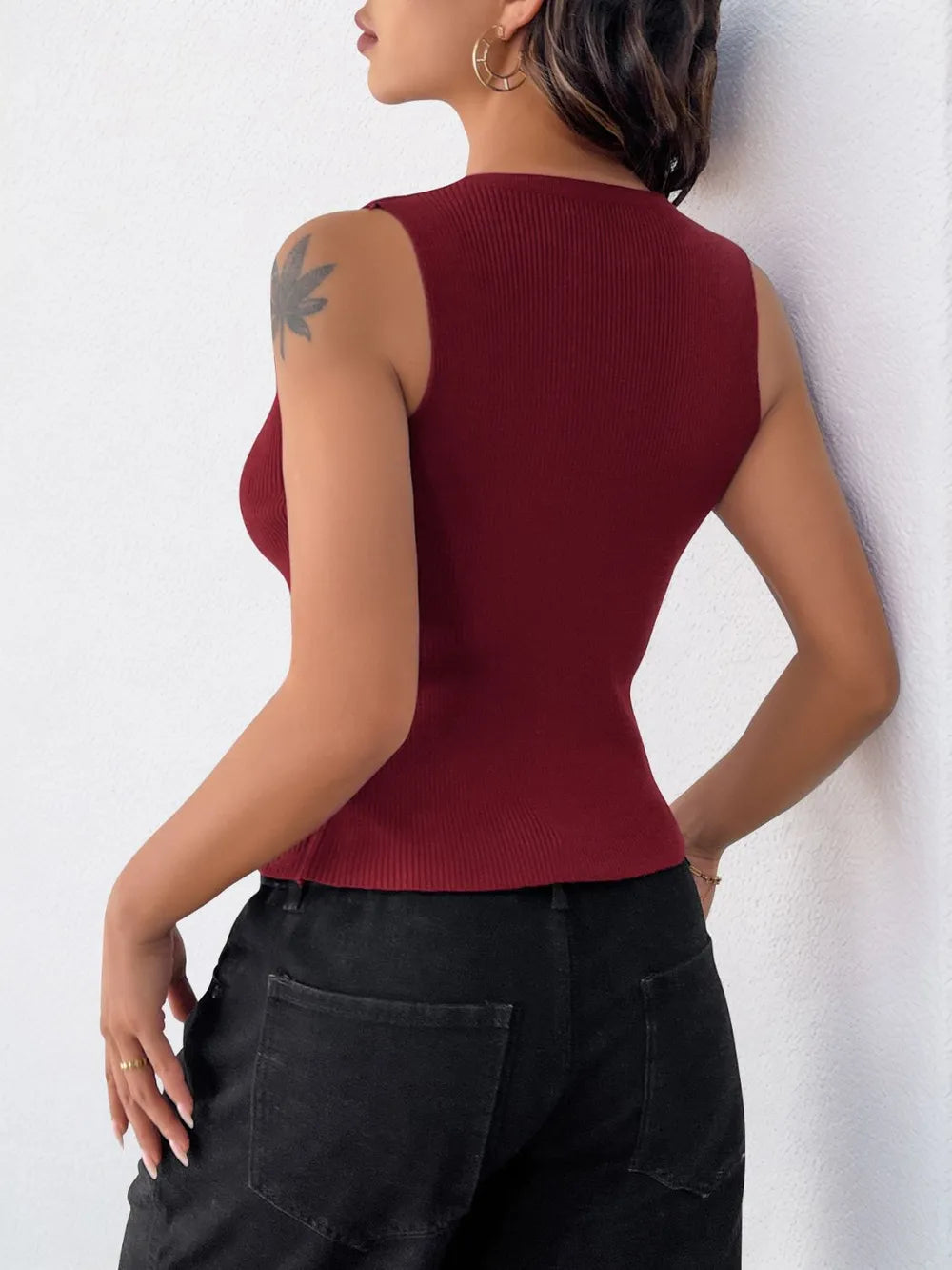 Burgundy ribbed cropped tank top, sleeveless back view with fitted hem
