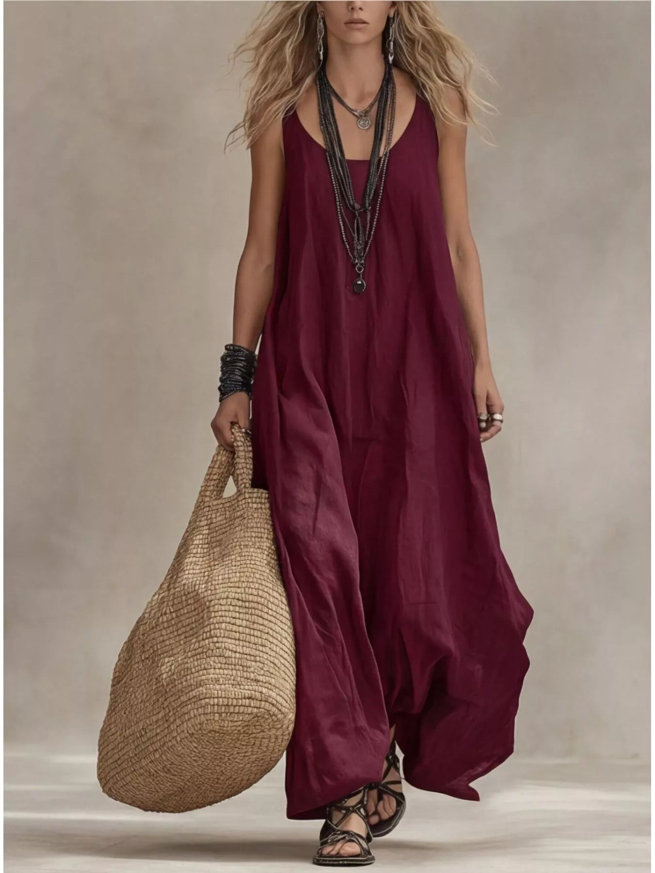Burgundy sleeveless scoop-neck maxi dress with loose drape and wide skirt