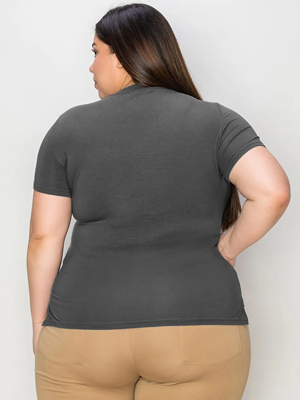 Cedar & Moore Basic Bae Full Size V-Neck High-Low T-Shirt in gray, short sleeves, back view
