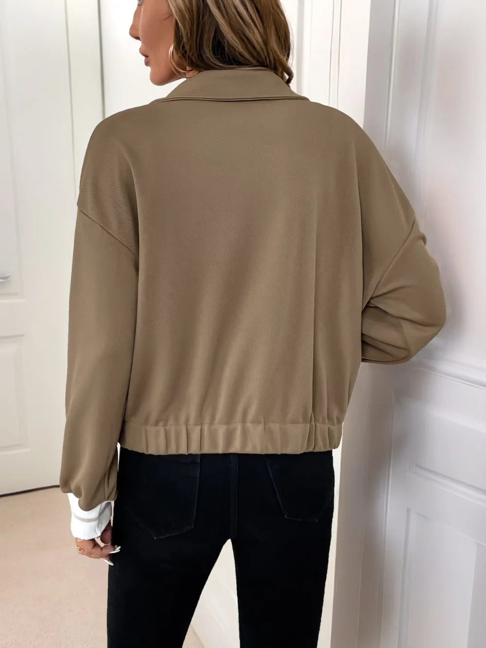 Taupe collared button-down jacket, back view, with waistband seam