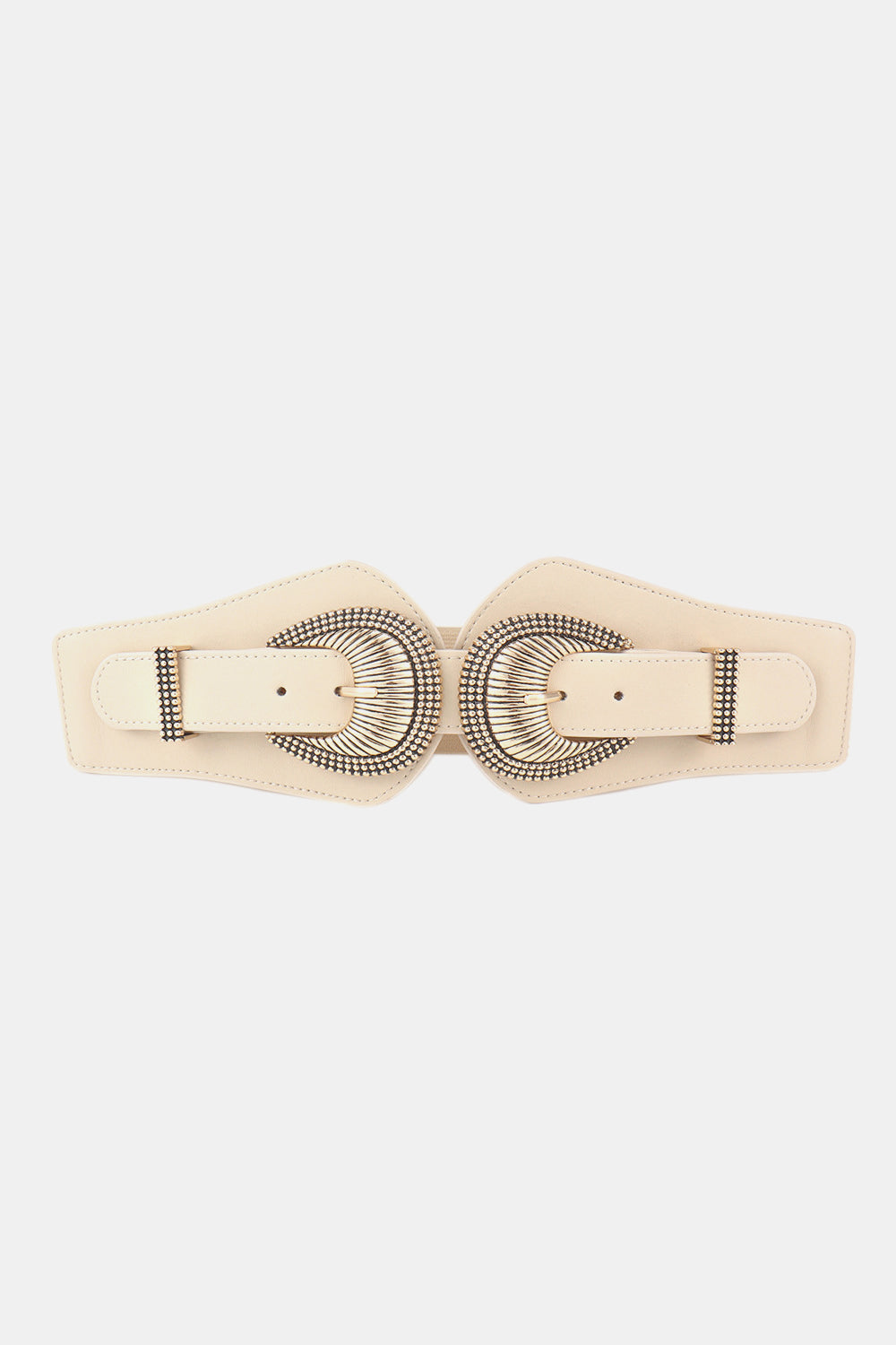 Cream elastic wide belt with double shell buckle, gold-tone detailing, and rectangular keeper