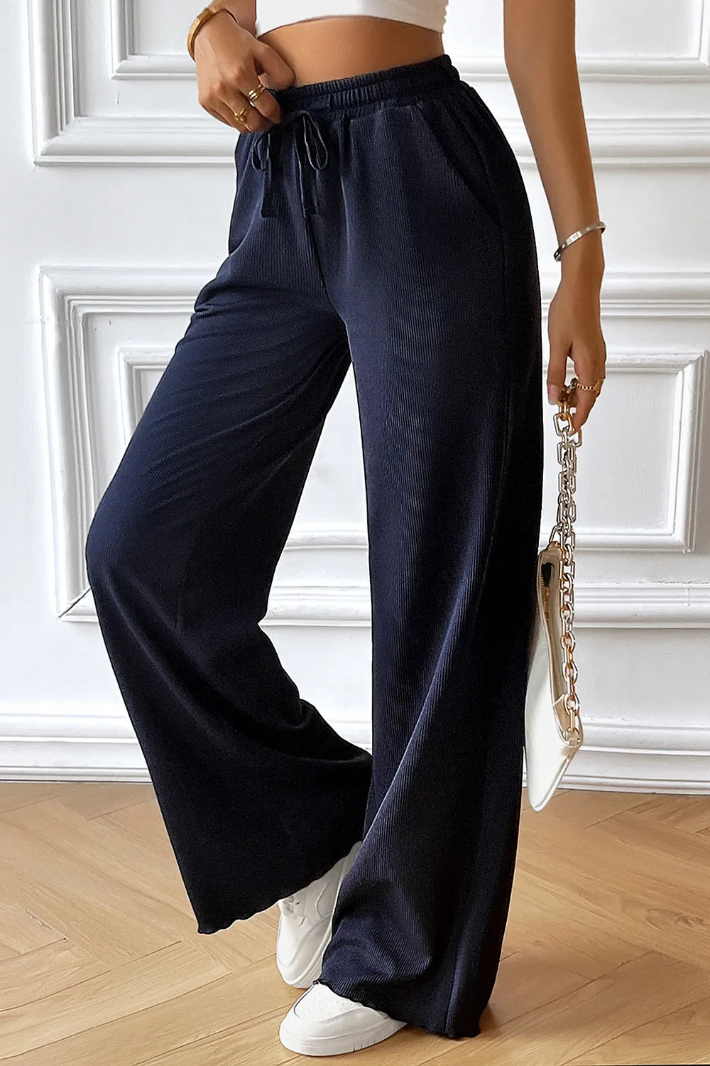 Devine dark blue wide-leg drawstring pants, gathered elastic waist and flowy legs