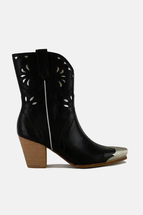 Black ankle boots with cut-out floral embroidery, side view, block heel