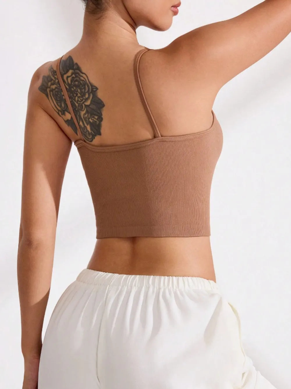 Caramel ribbed cropped cami with scooped back and racerback straps
