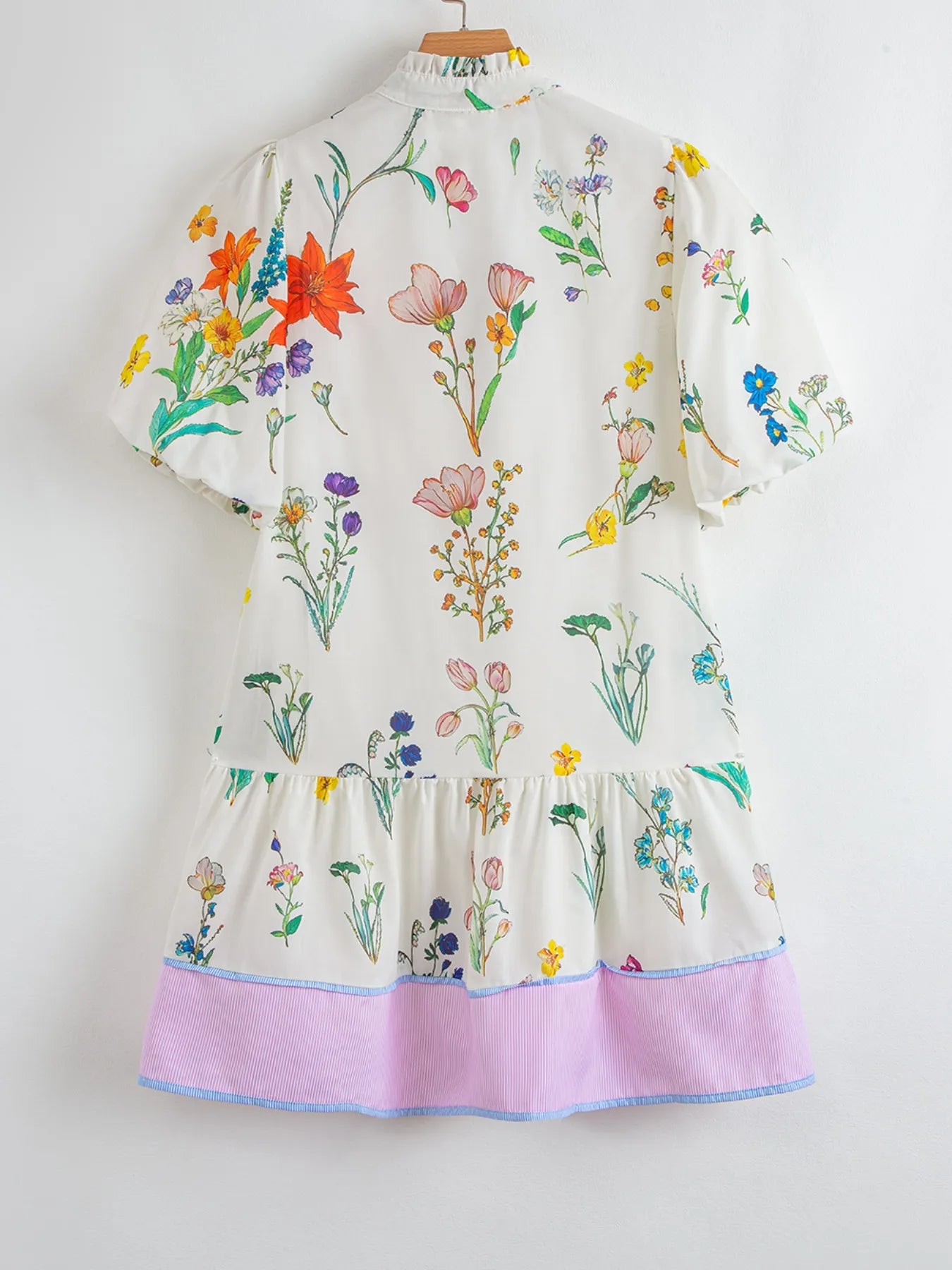 Floral Print Notched Short Sleeve Dress by Trendsi, white with colorful blossoms and lavender hem