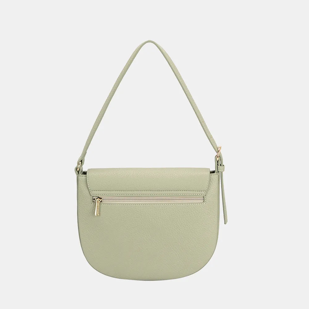 Olive green half-moon shoulder bag with front zip pocket and metal buckle clasp.