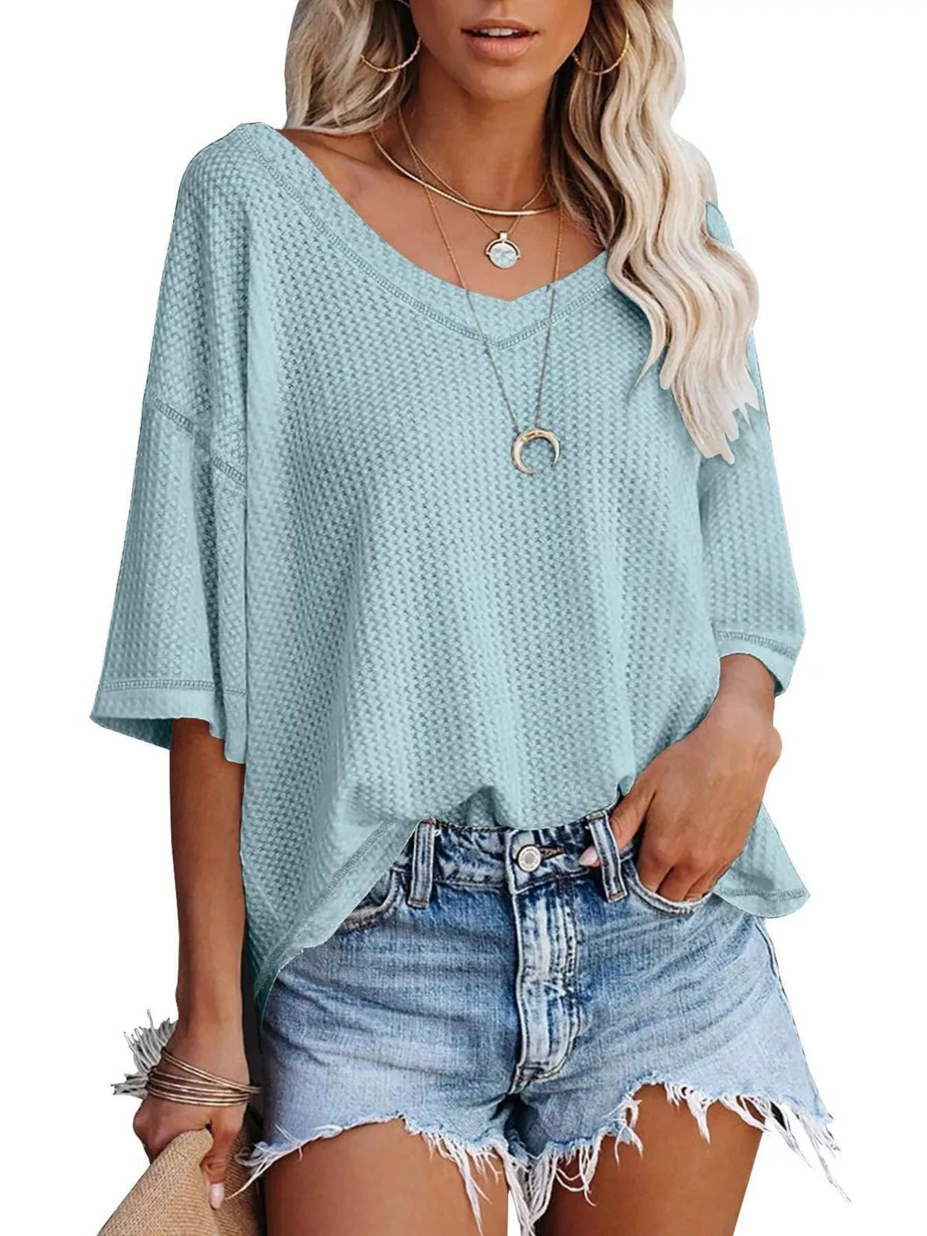 Light blue waffle-knit V-neck short-sleeve T-shirt with textured weave