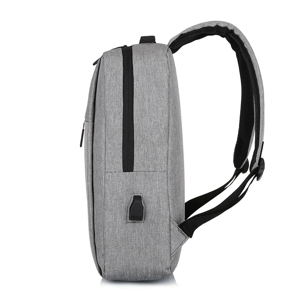Light gray backpack with adjustable shoulder straps, side zipper pocket, and top handle.