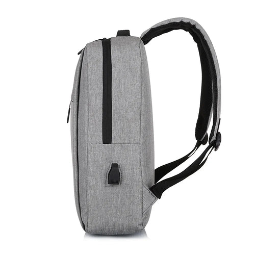 Light gray backpack with adjustable shoulder straps, side zipper pocket, and top handle.