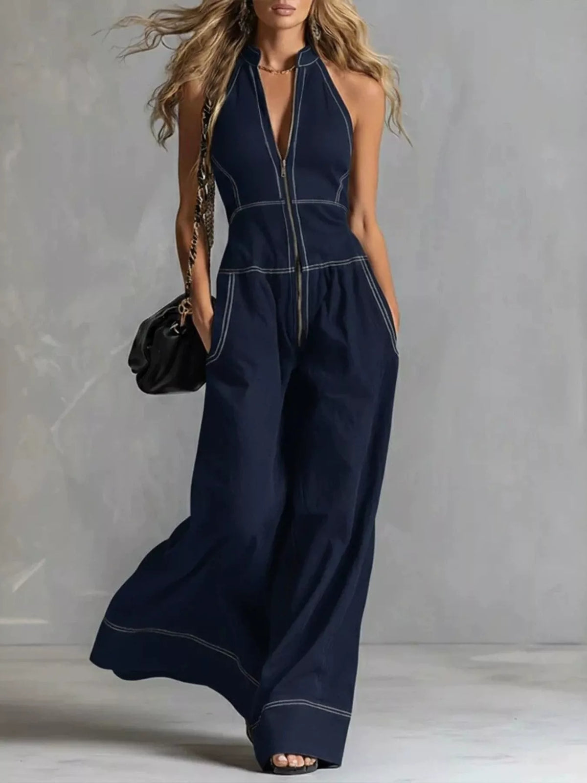 Zip-front sleeveless wide-leg jumpsuit, navy blue with front zipper and contrast seams