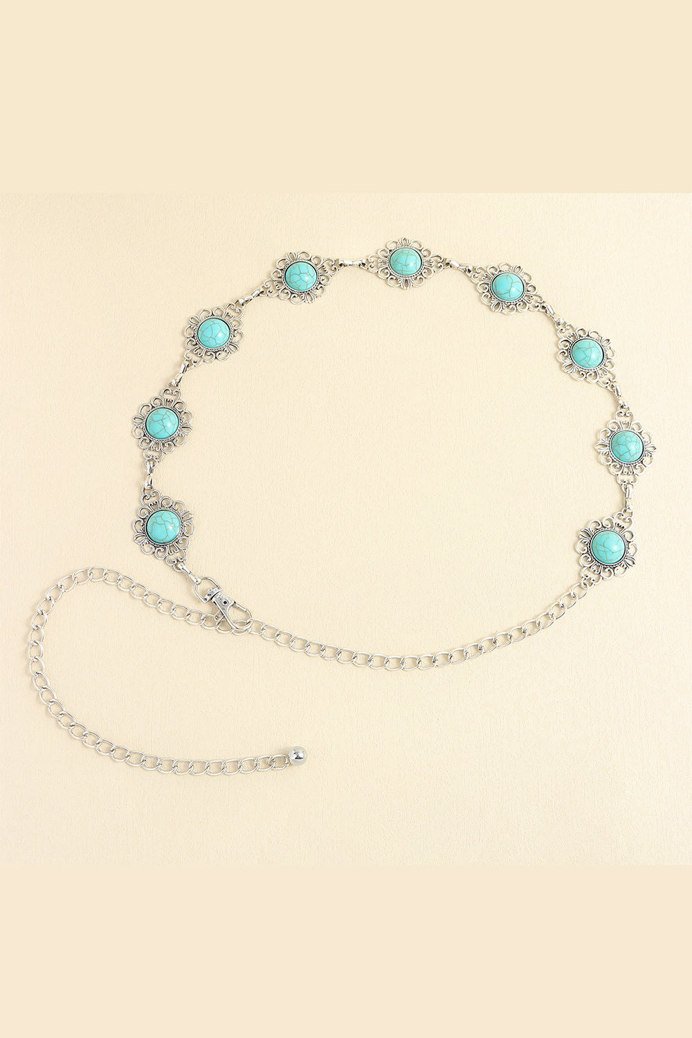 Turquoise bead chain belt with small round stones and silver-toned clasp