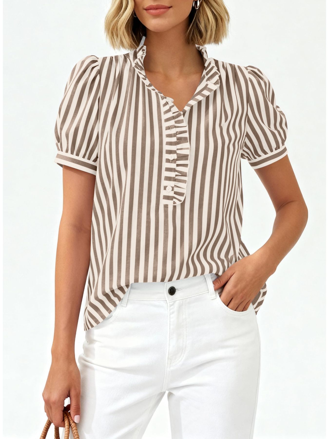 Frill Striped Puff Sleeve Blouse beige and white with buttoned, ruffled placket