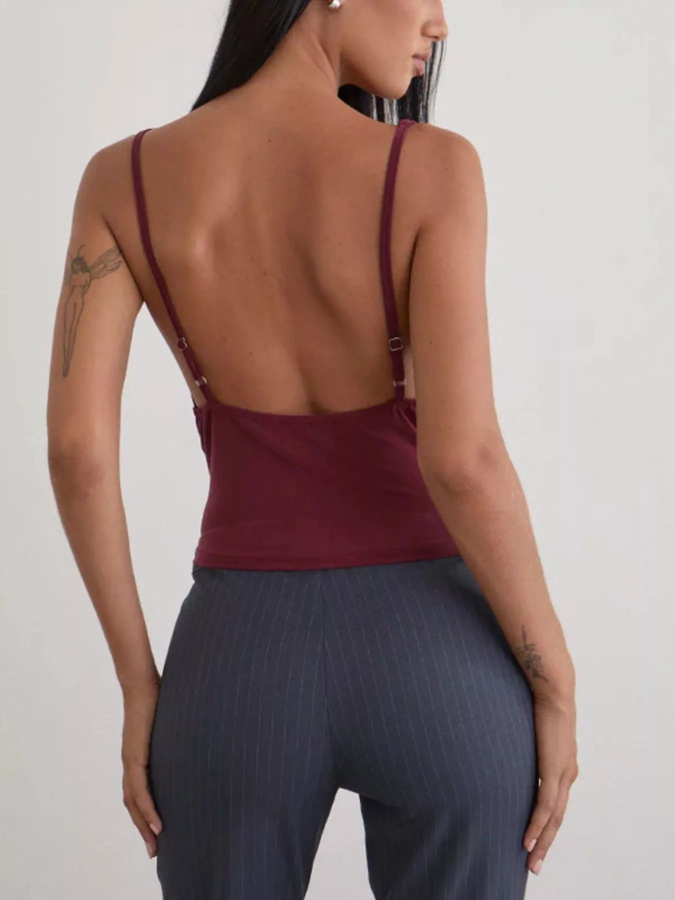 Cedar & Moore Sequin Detail Ruched Tank back view in burgundy, adjustable straps, Trendsi