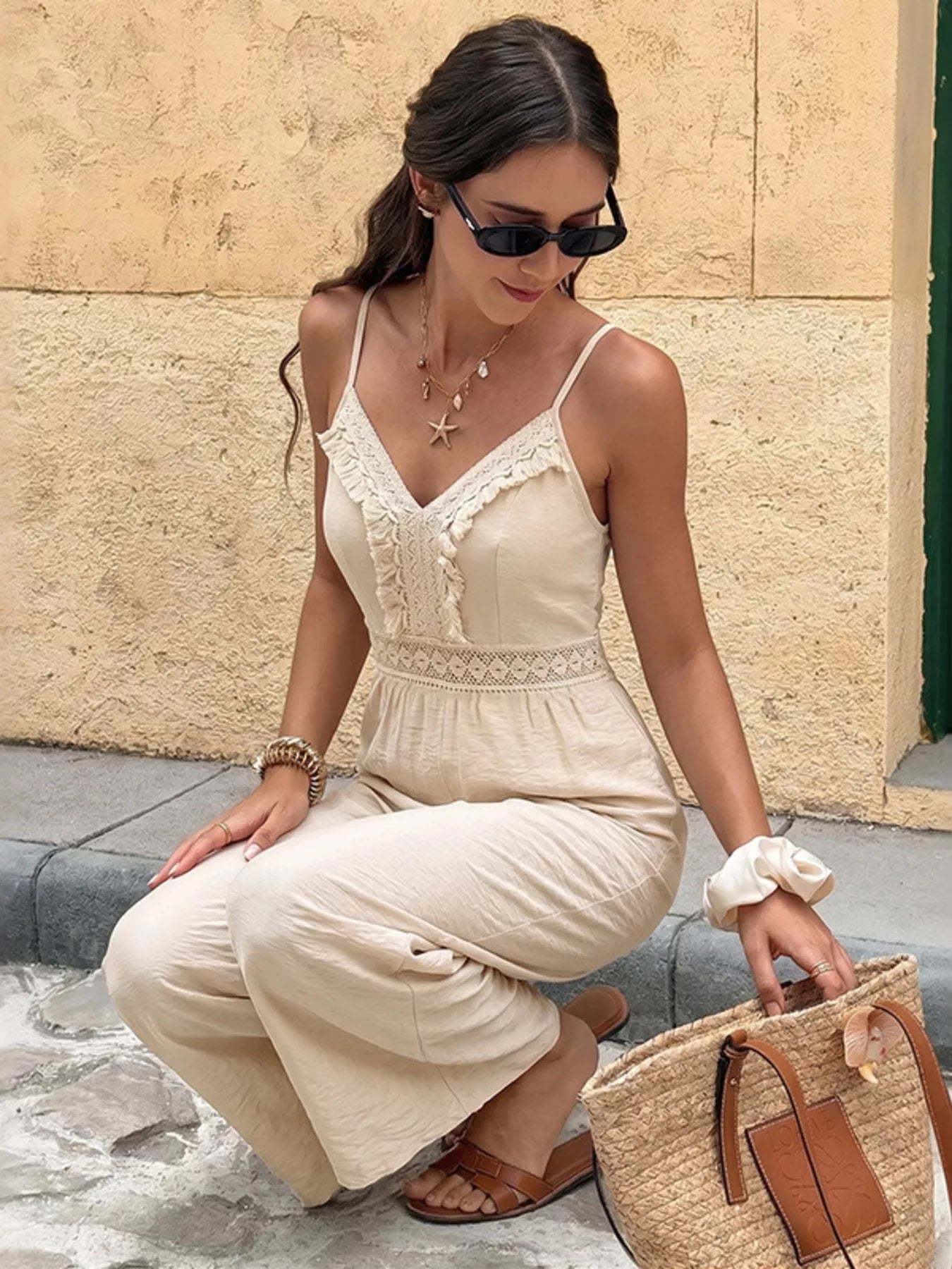 Cedar & Moore Lace Trim Spaghetti Strap Jumpsuit in cream with delicate lace bodice