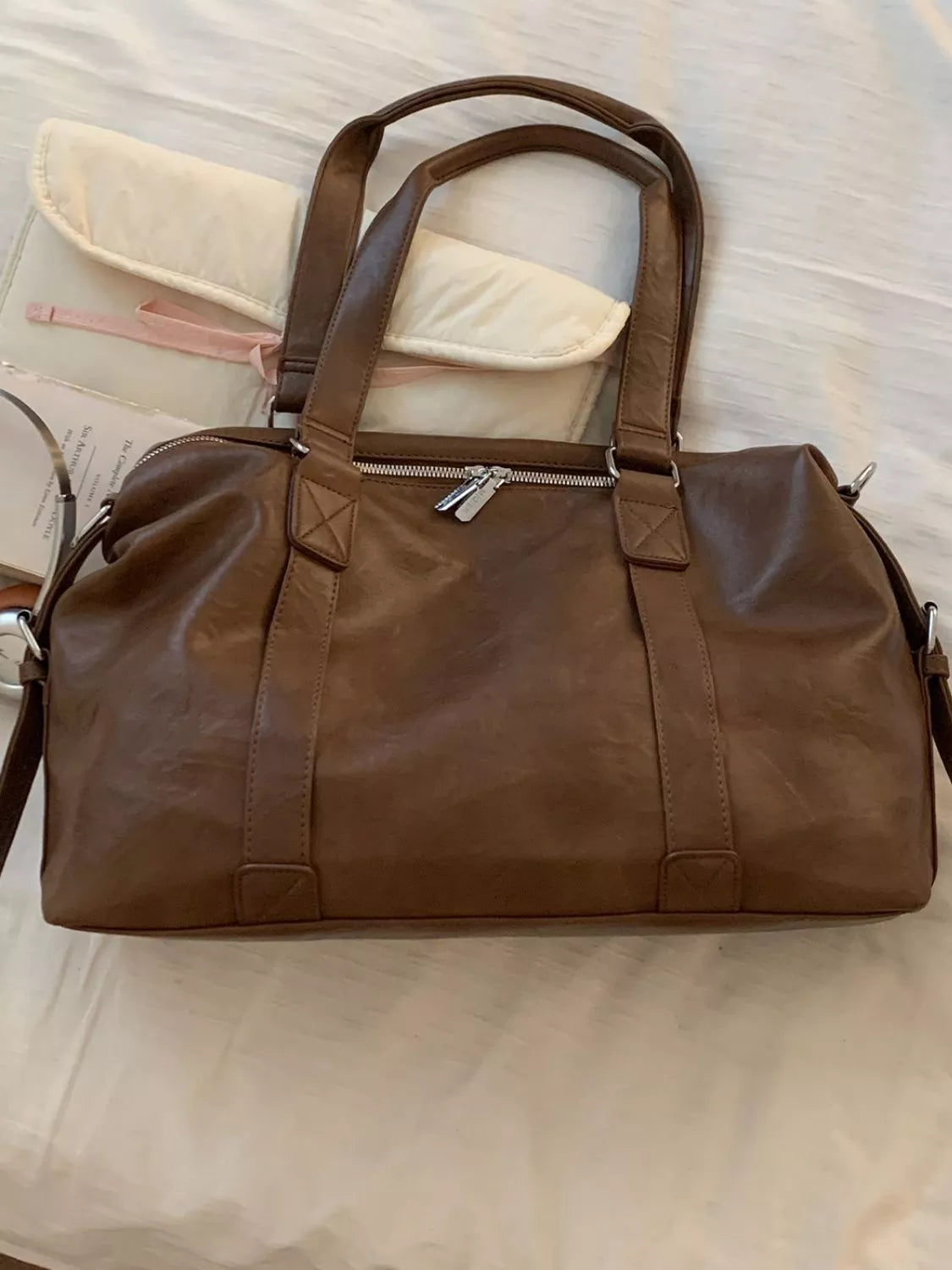Leather shoulder bag, brown PU leather, large size with top handles and metal zipper