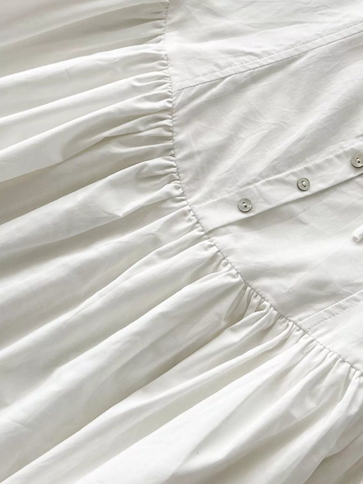 White cotton maxi dress bodice with ruching and two-button front detail