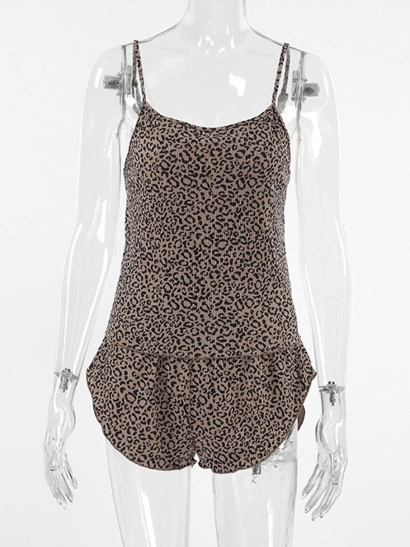 Leopard print cami romper with matching shorts on a mannequin