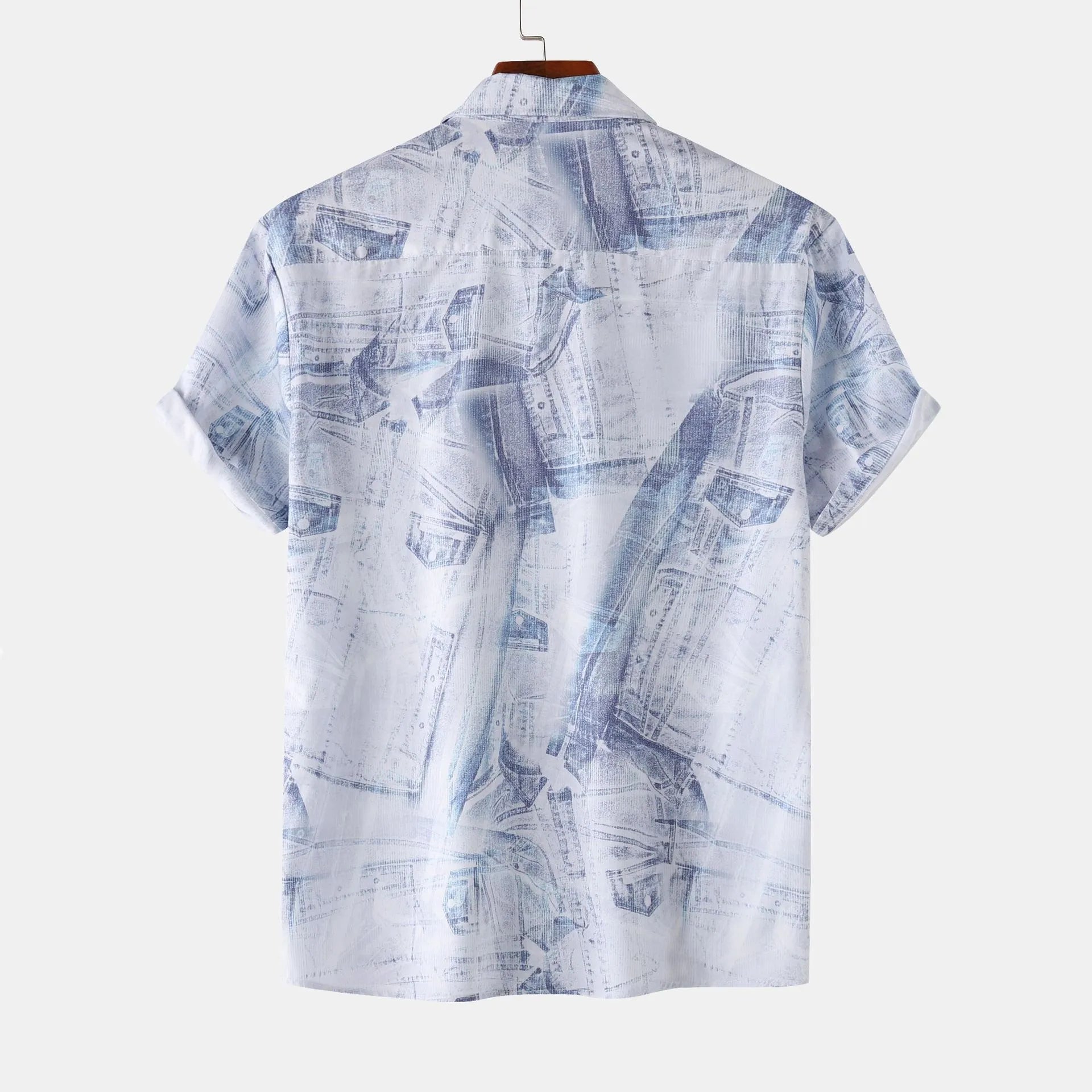 Light blue printed short-sleeve button-up shirt, back view with open placket