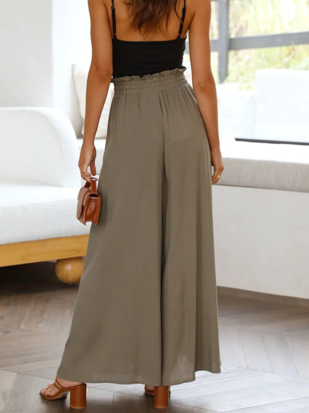 Taupe wide-leg pants with elastic waistband and drawstring, side pockets