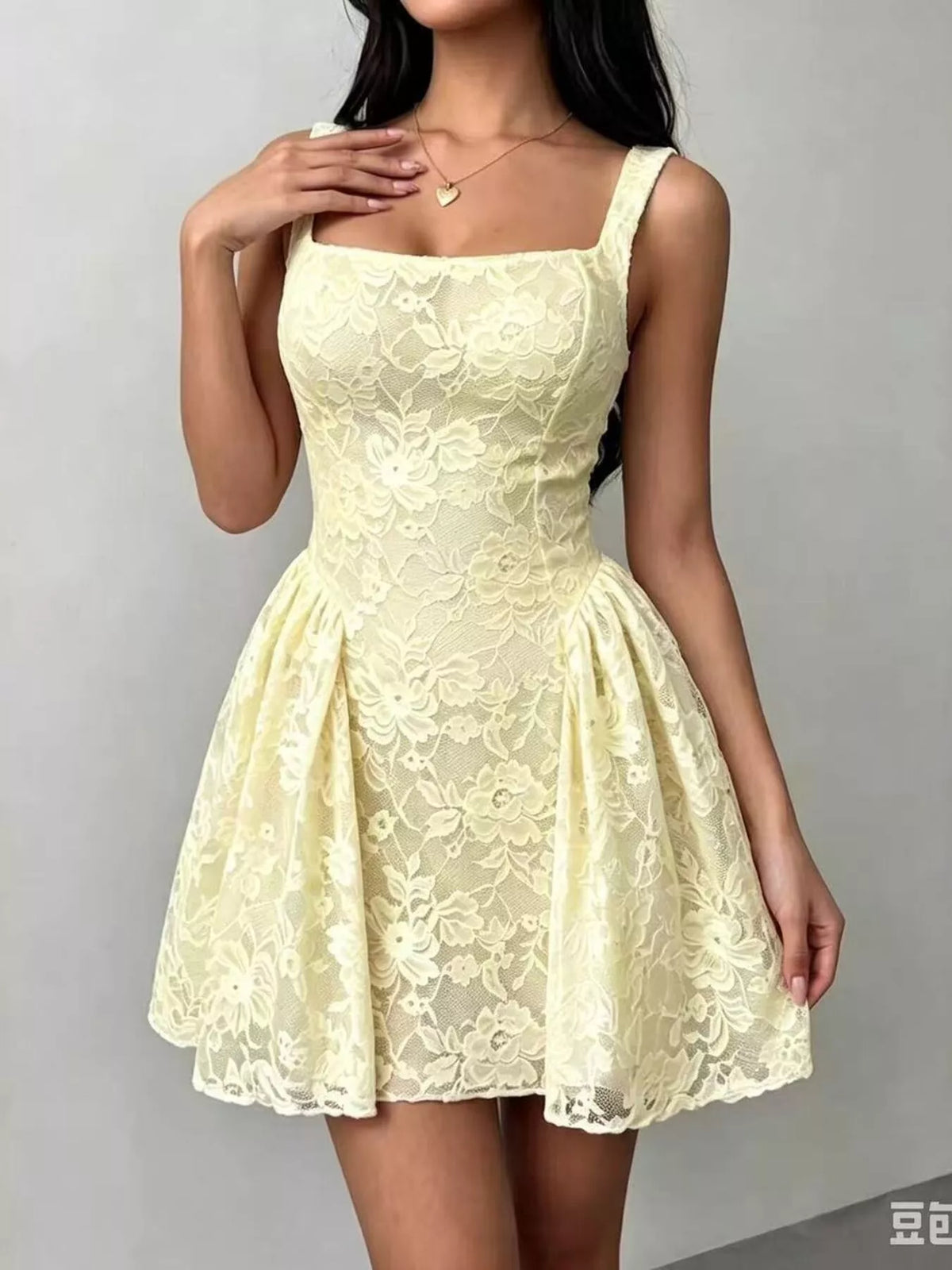 Yellow lace square-neck sleeveless fit-and-flare dress with floral pattern