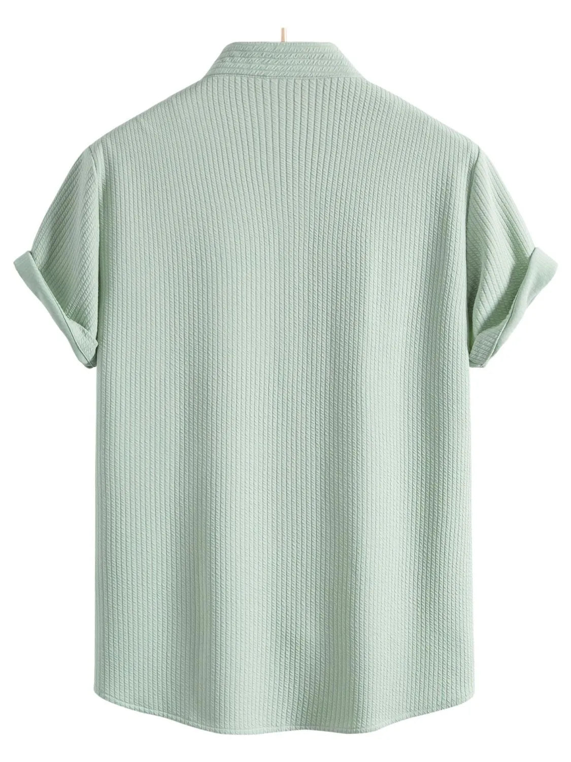 Mint green ribbed short sleeve button-up shirt, back view