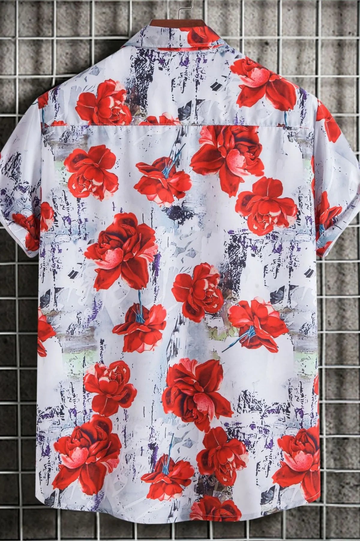 Men's floral short-sleeve button-up shirt, red roses and ink splatter on white