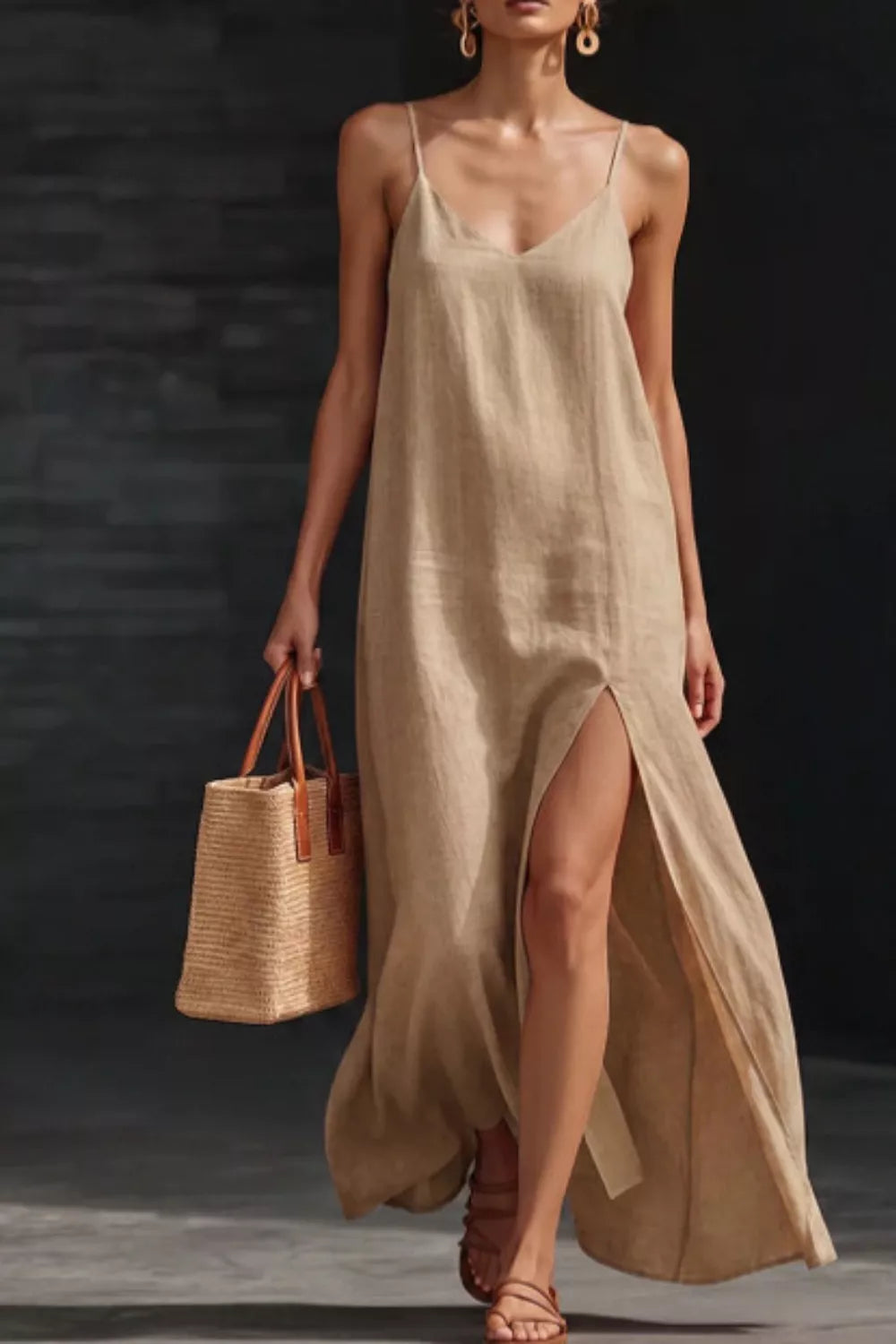 Cedar & Moore Slit V-Neck Maxi Dress in beige linen-like fabric with thin straps