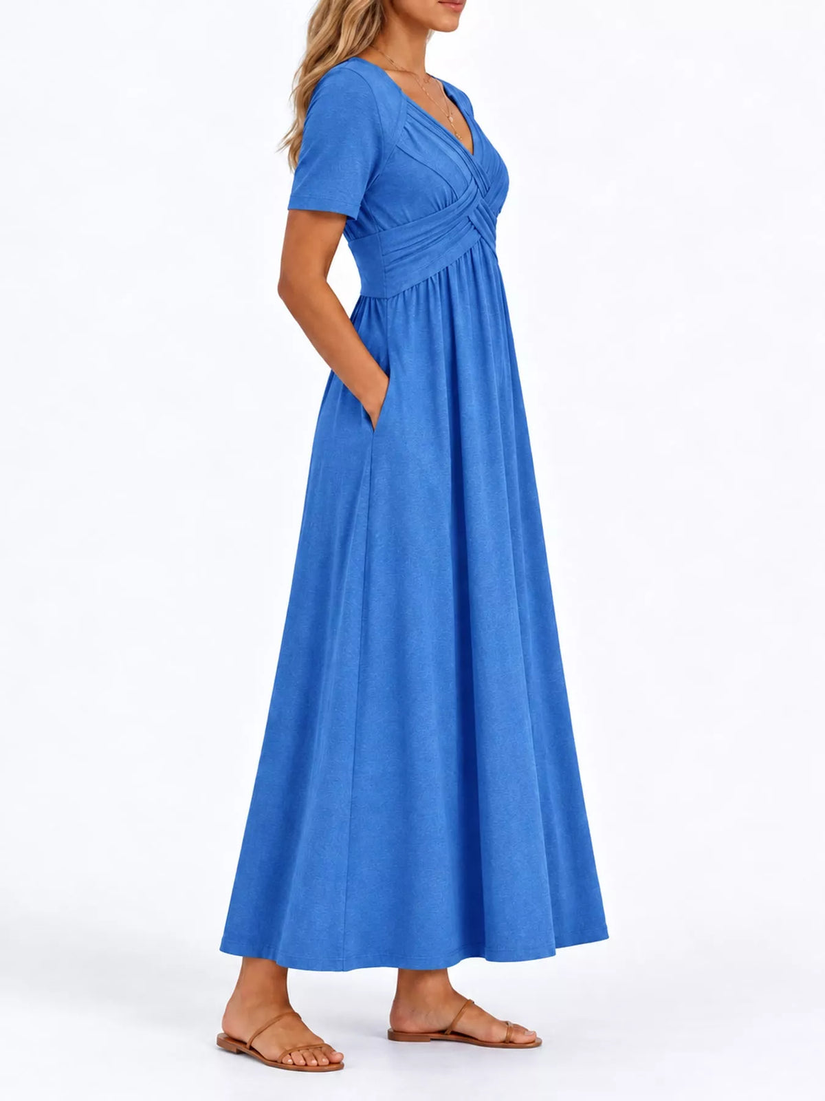 Blue crisscross high-waist midi dress with short sleeves and V-neck