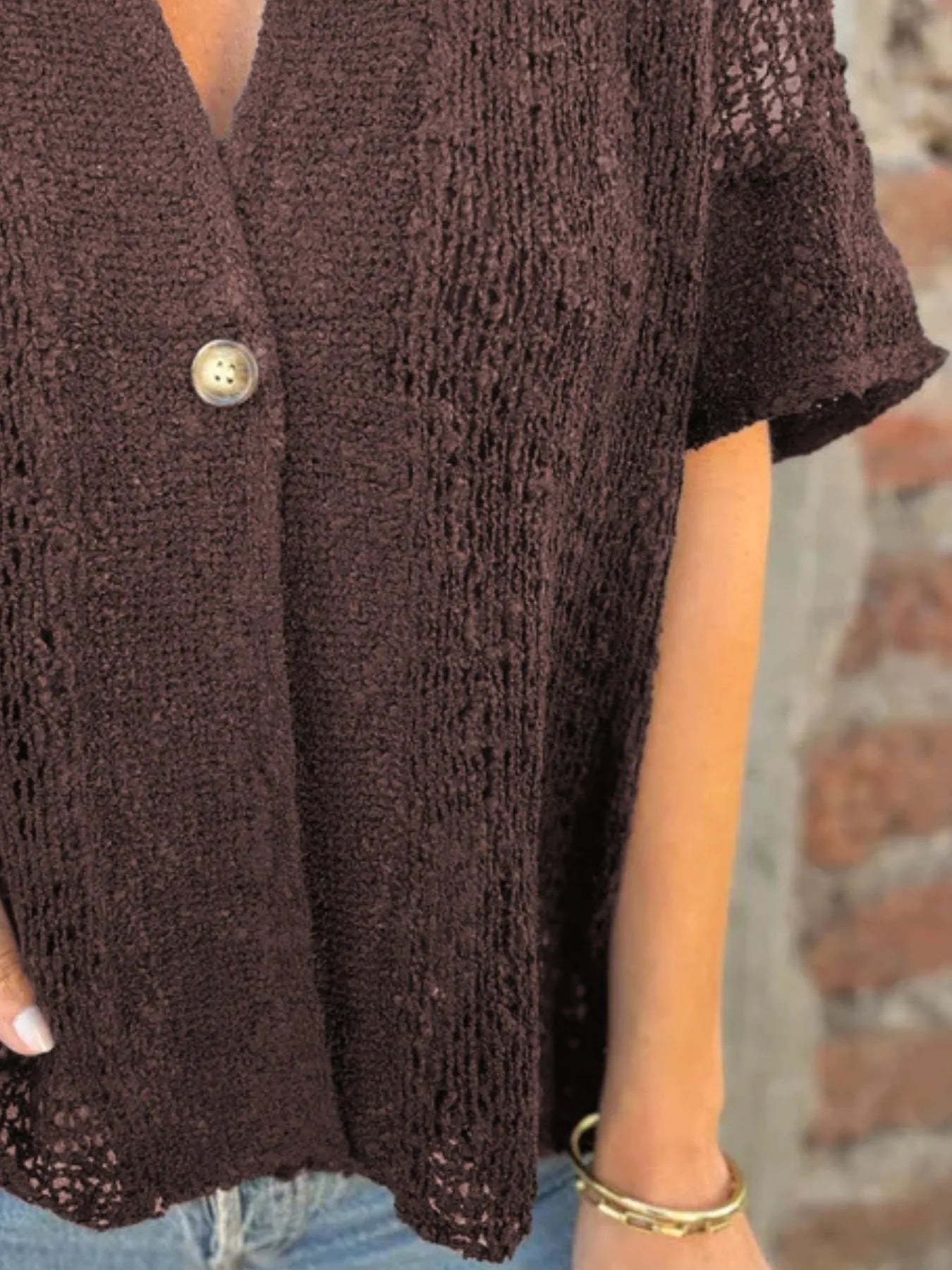 Plus size half-sleeve cardigan in dark brown with one front button, textured open knit