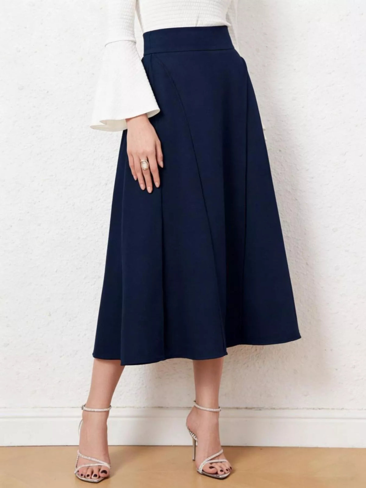 Dark blue A-line midi skirt, wide waistband