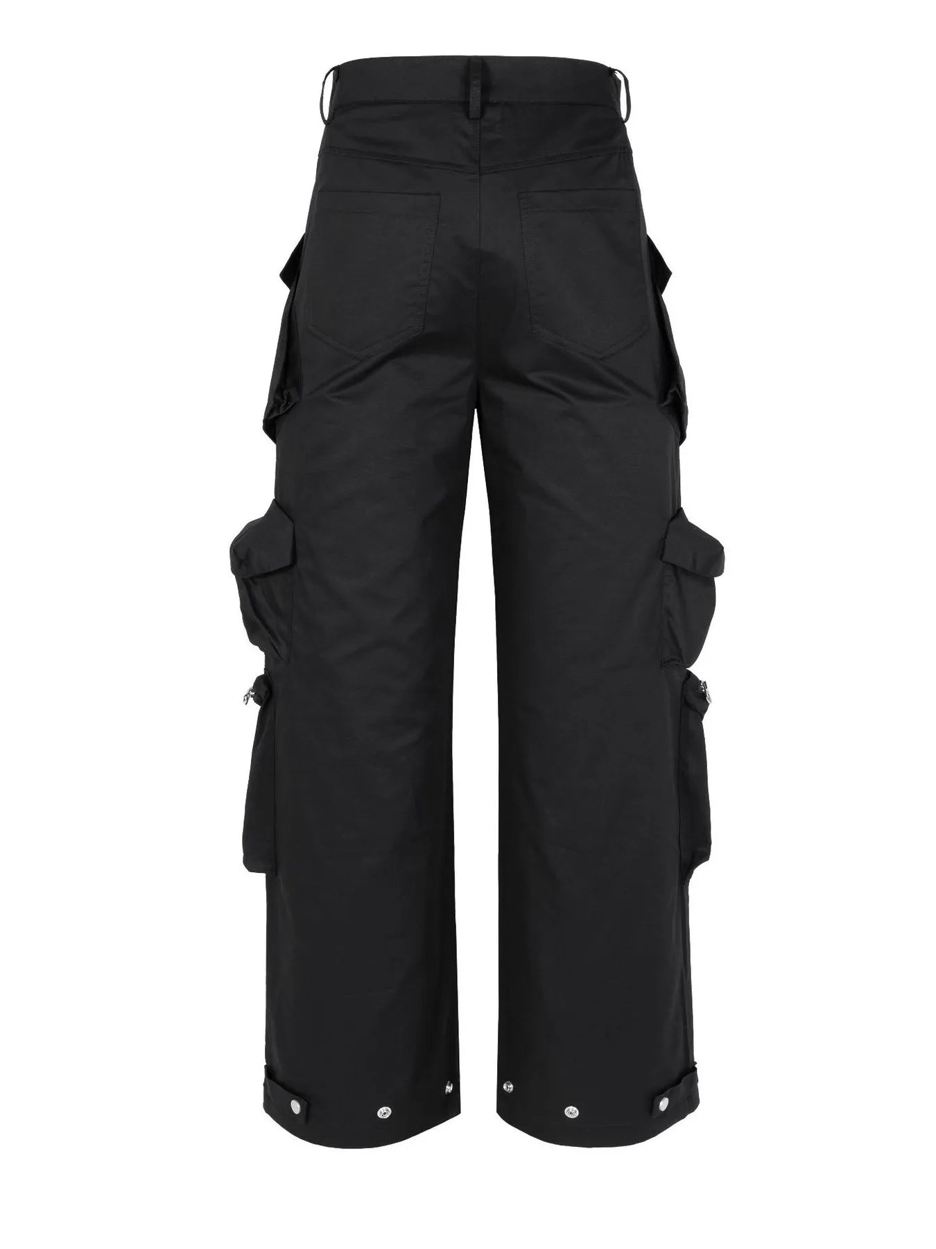 Black cargo pants with side cargo pockets and cuff buttons, back view.