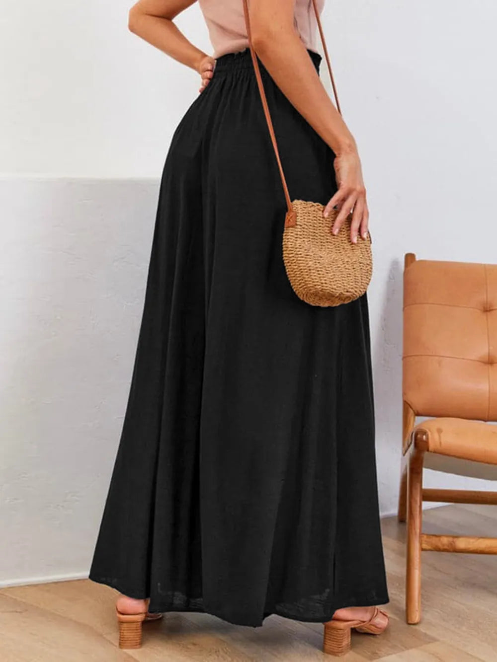 Drawstring wide-leg pants with elastic waist, black