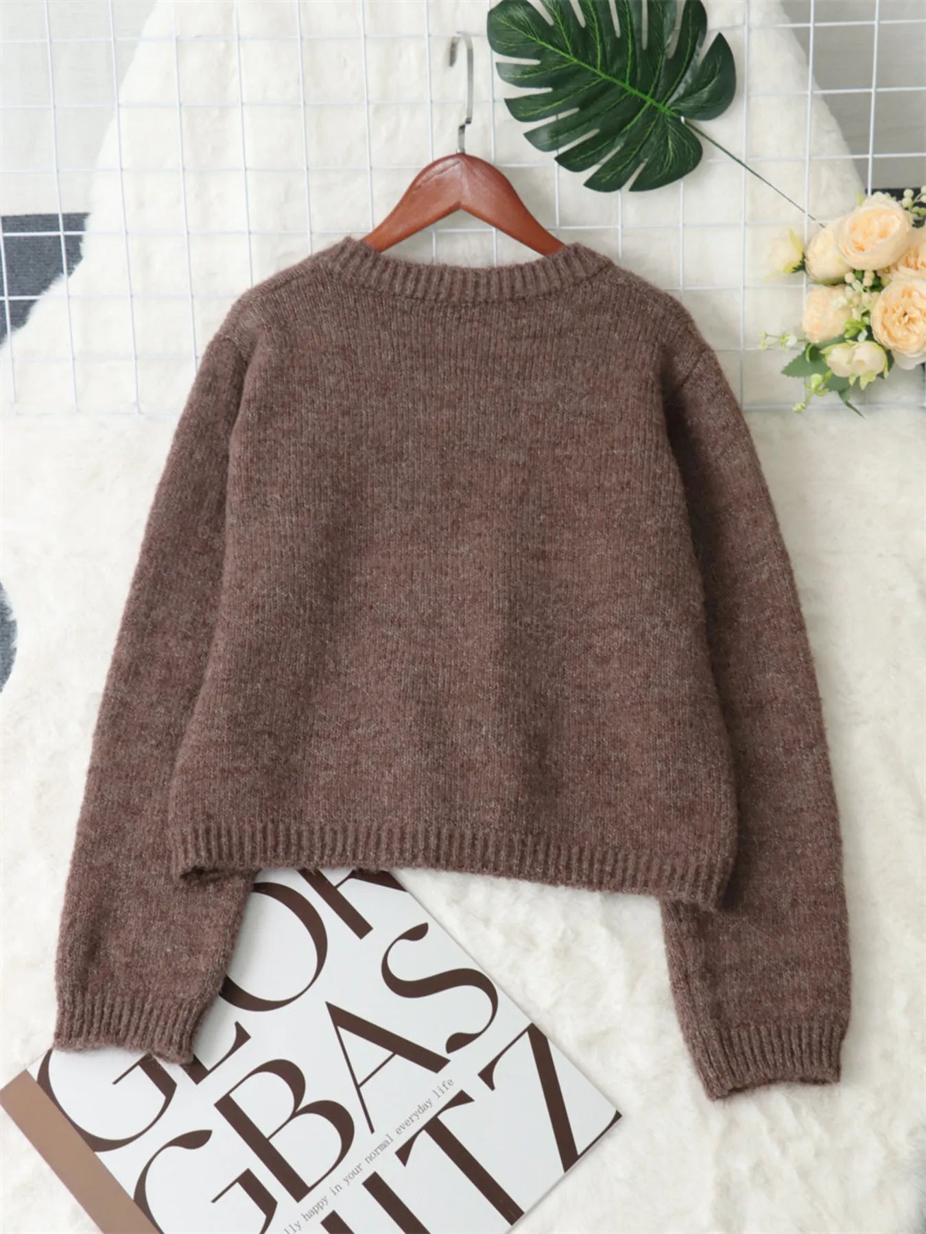Brown button-up ribbed-hem cardigan, long sleeves, ribbed cuffs and hem