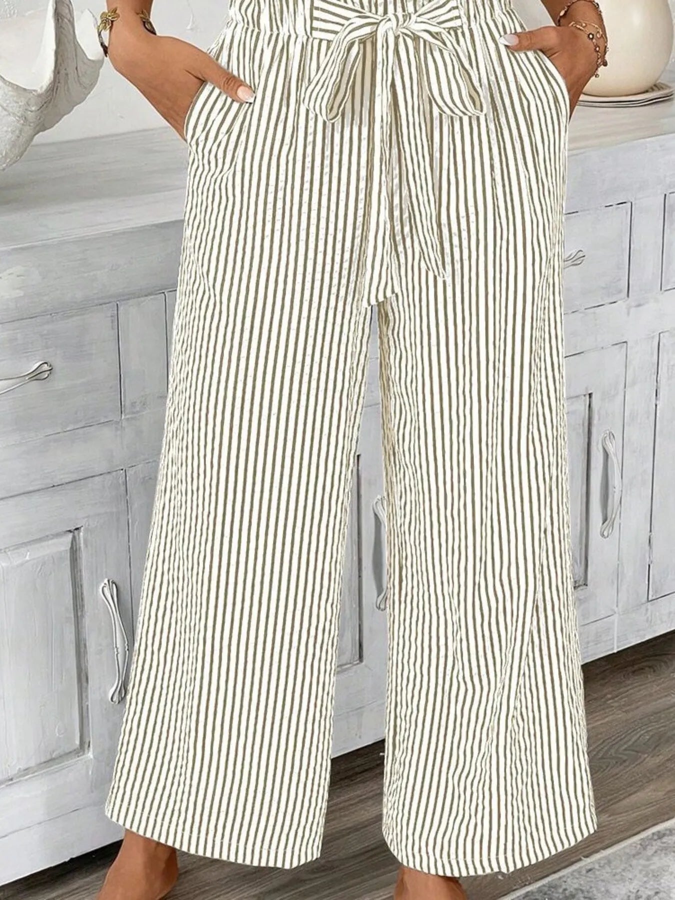 Paper bag waist striped wide-leg pants with drawstring tie, cream with dark vertical stripes