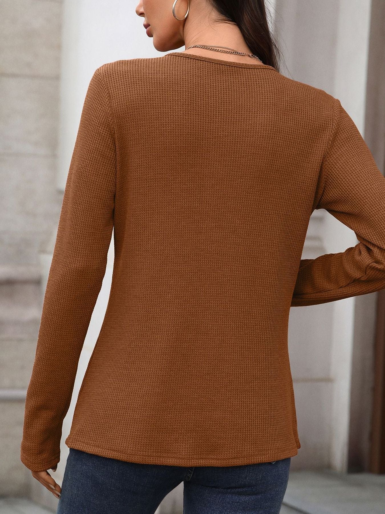 Cedar & Moore waffle knit long sleeve T-shirt in rust brown, Trendsi, back view