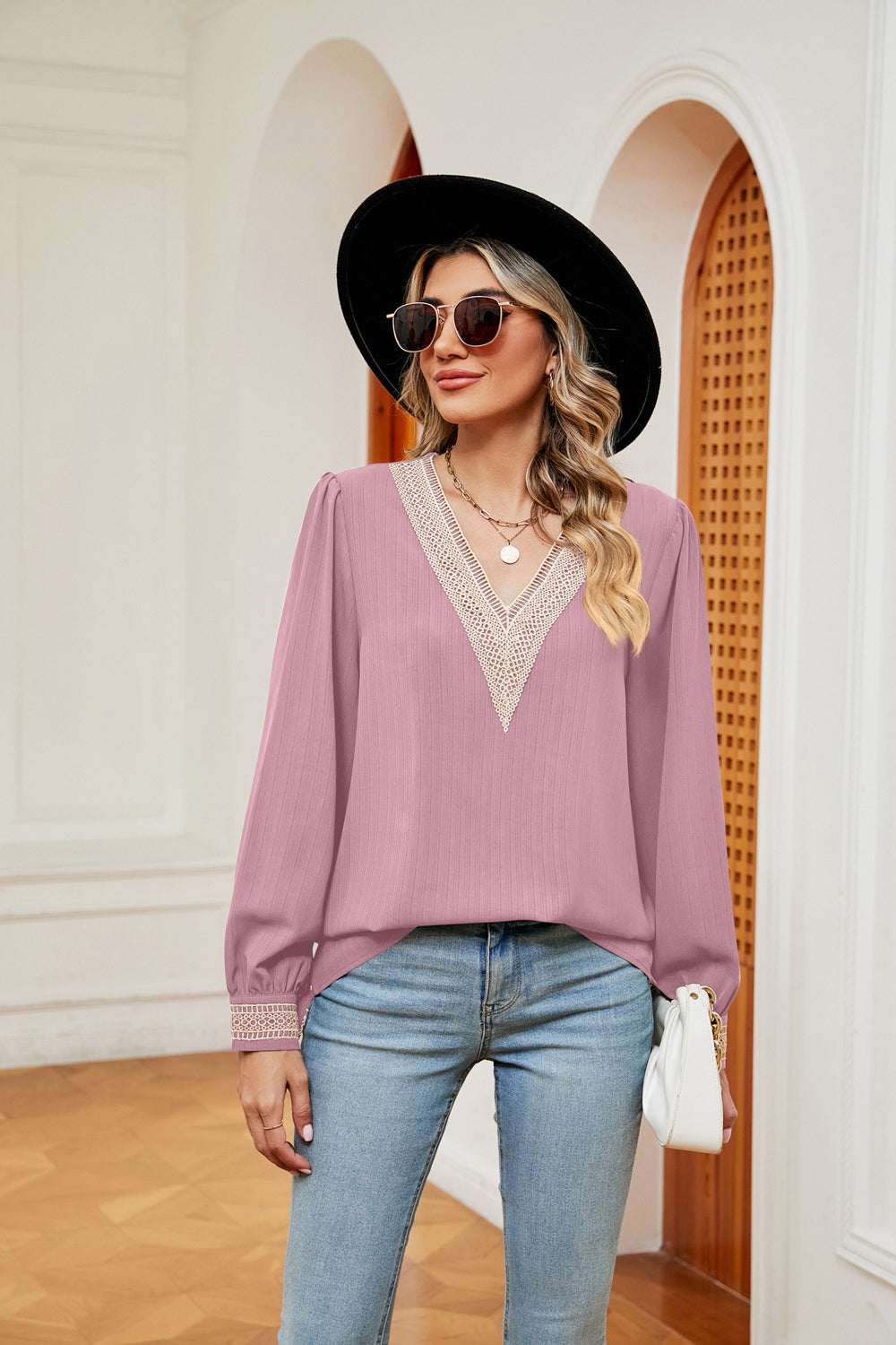 Blush pink contrast V-neck puff sleeve blouse with lace-trim cuffs
